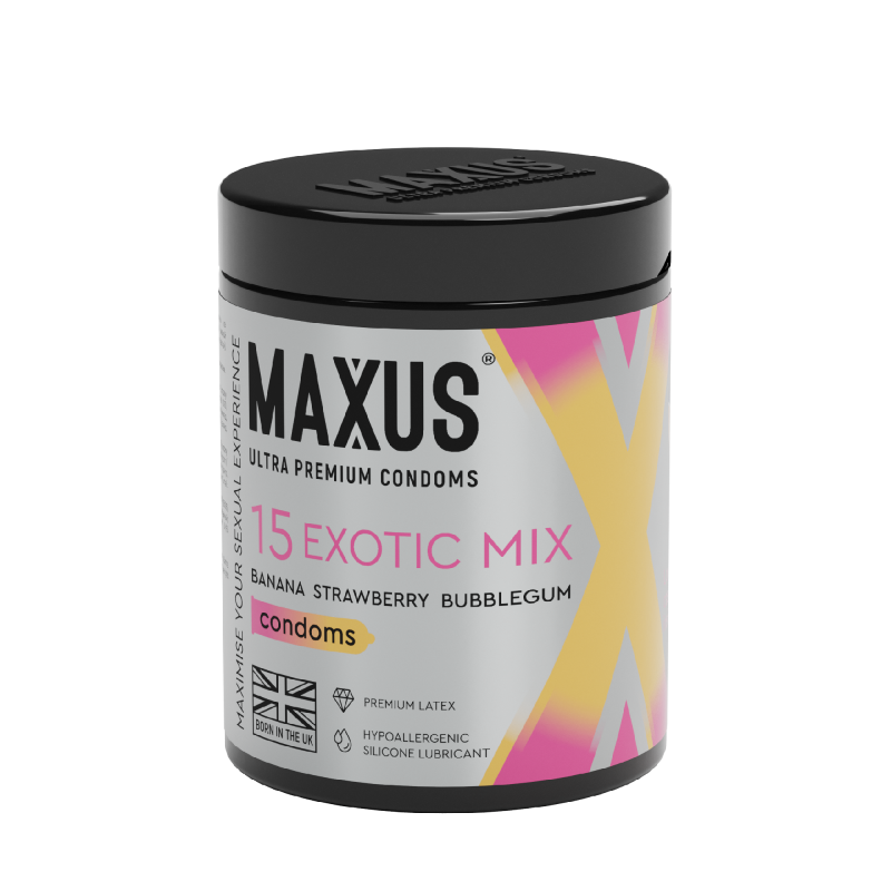 ПРЕЗЕРВАТИВЫ MAXUS EXOTIC MIX № 15 X-EDITION (гладкие, цветные, ароматизированные) в кейсе - фото - 1